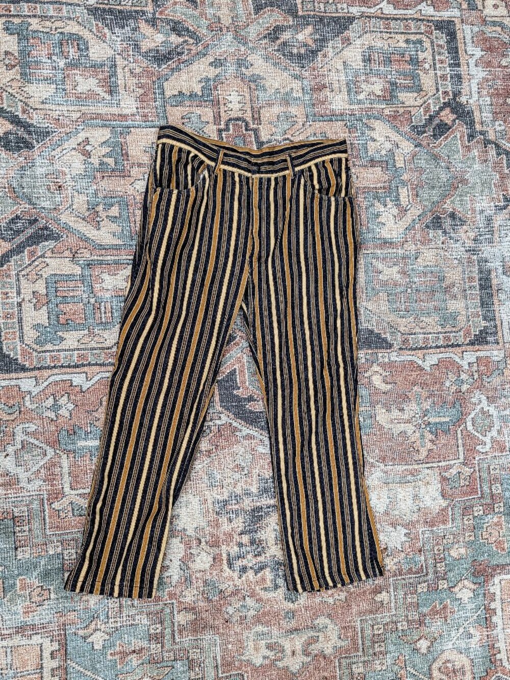 Vintage 1960's - 1970's Blue, Mustard & Cream Striped Denim Jeans by Dude RARE
